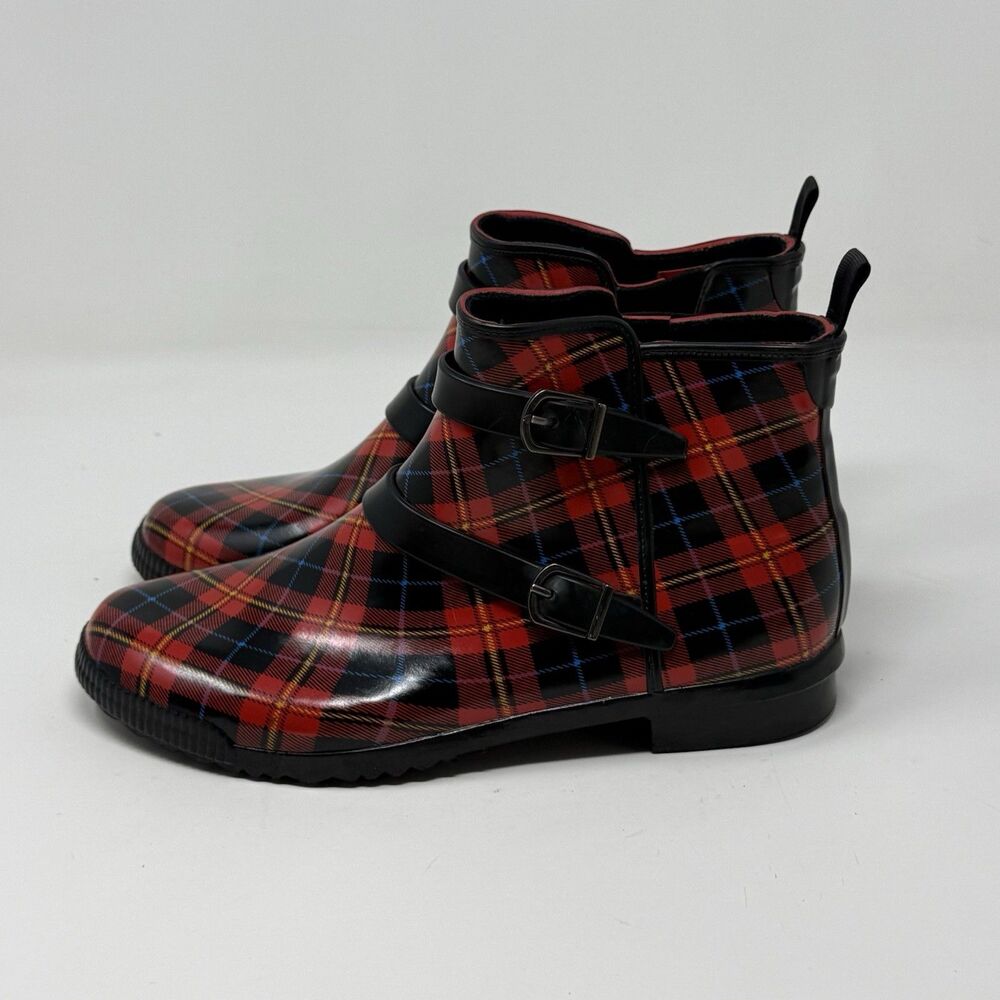 Cougar Royale Rubber Boots Womens 8 Red Black Tartan Plaid Rain Ankle Bootie - Picture 2 of 15